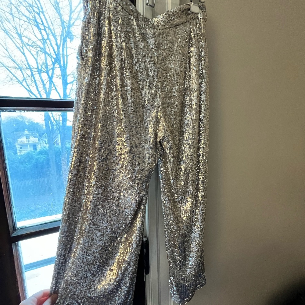 Express silver sequined cropped pants -small